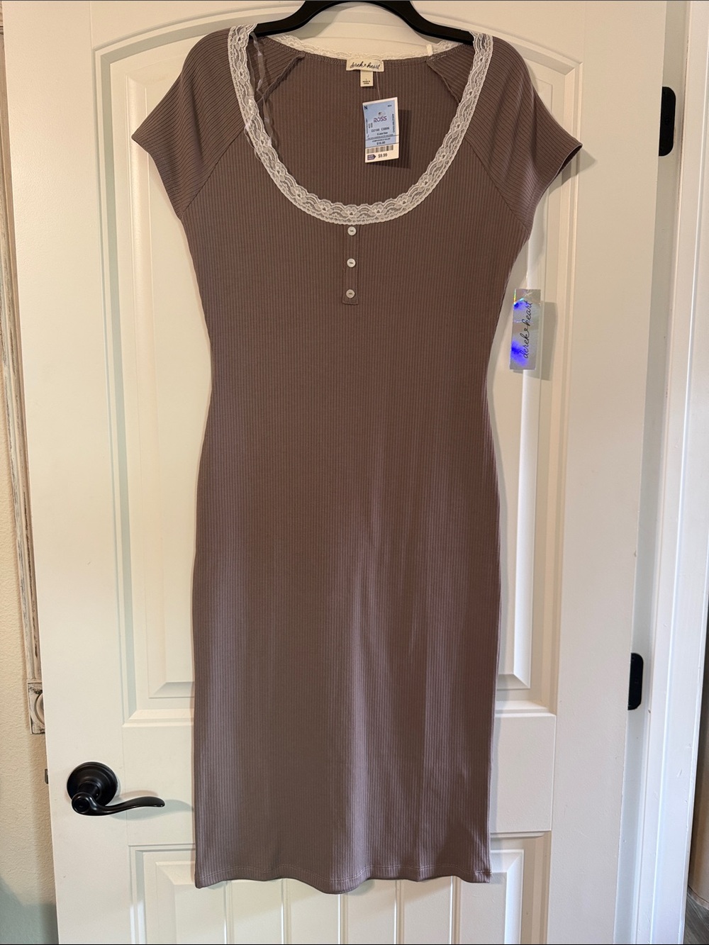 Derek Heart Ribbed Scoop-Neck Midi Dress with Lace Trim in Taupe